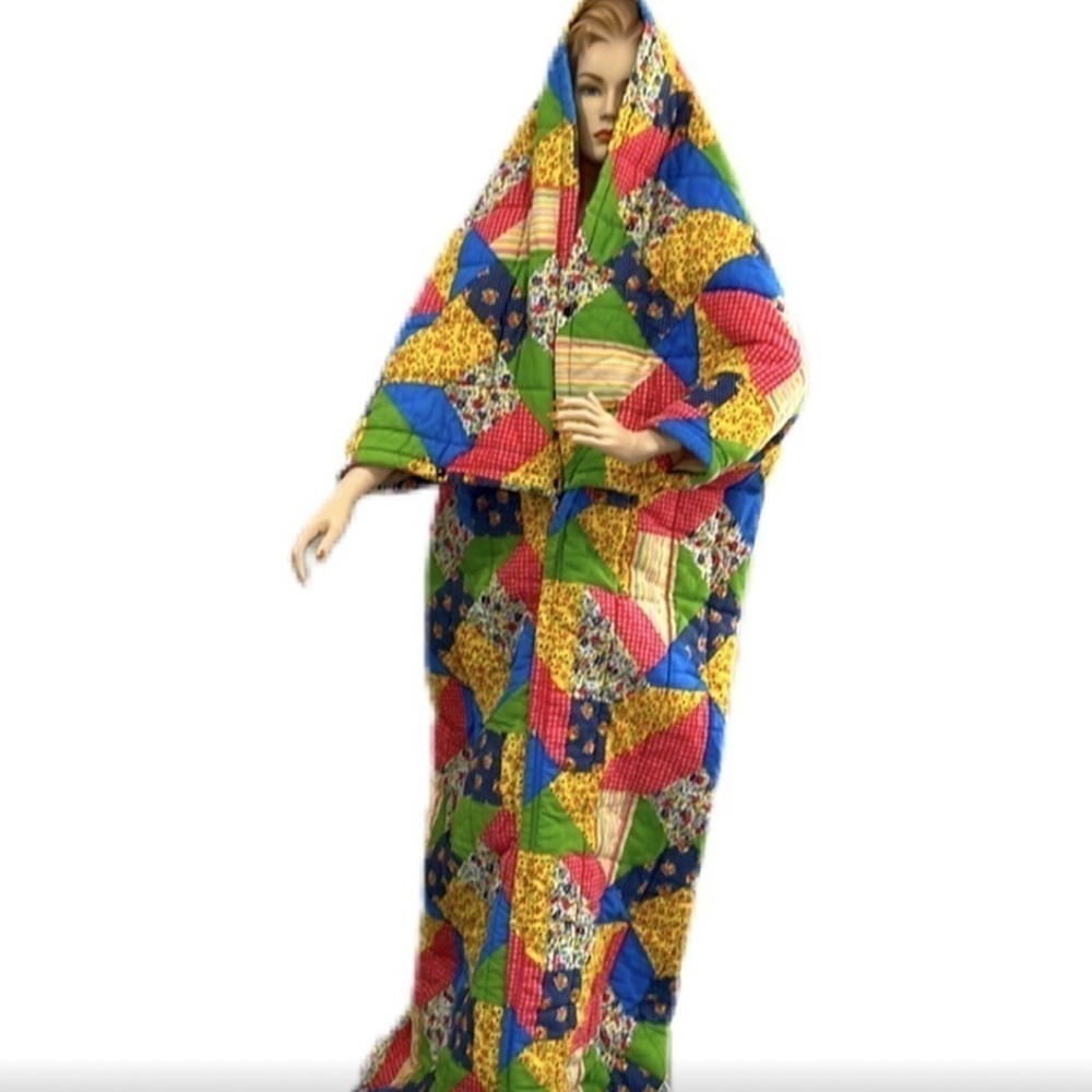 Vintage Handmade Patchwork Quilt Hooded Zip Robe … - image 4
